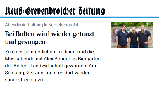 Korschenbroich: Alex Bender kommmt erneut zum „Midsummer Open-Air“ 2026. Bei Bolten wird wieder getanzt und gesungen.